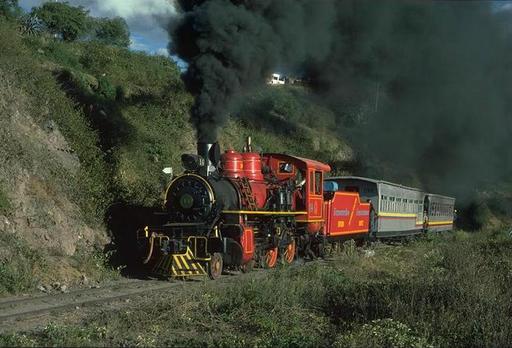 Lowland engine 14 (2-6-0, Baldwin 1901) with special train  below Ibarra on the line to San Lorenzo, Ecuador.