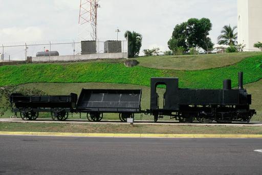 Steam engine recovered from Lake Gatún, Franco-Belge, construction and transport railway of the French canal construction, today a memorial in front of the Visitor's  Centre at the the Miraflores Lock.