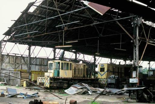 Depot of the banana transport railway of the Bocas Fruit Company at Almirante, shortly before the end of operations.
