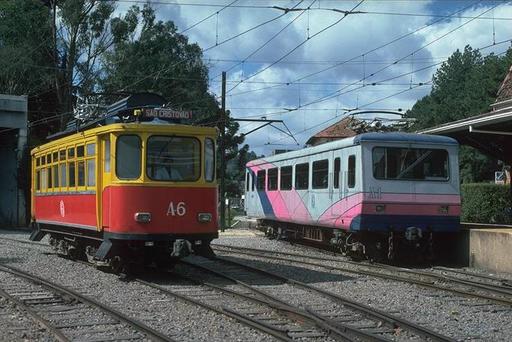 Tram car A-6 ex Guaruja and mountain section motor coach A-1,  Emílio Ribas, Campos do Jordão, 1997.