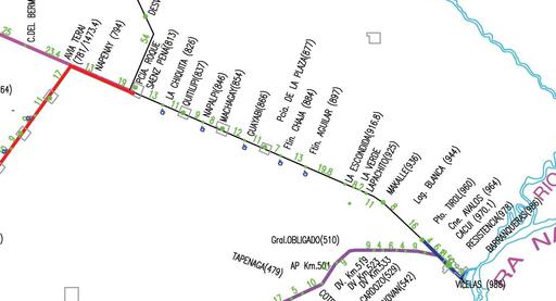 Connecting line between Line 1/Metropolitana line and Line 2/3. Line 1 violet, Line Metropolitana blue, Line 2 dark red, Line 3 red, Sefecha, Argentina.