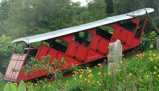 Original car of 1929, out of service, to the right of the lower station of the funicular. Monserrate, Colombia.