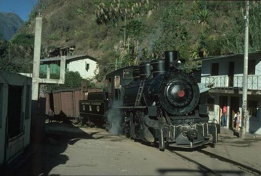 Mountain engine 58 (2-8-0, Baldwin 75590/1952), last built Baldwin steam engine, with Mixto at Huigra, Ecuador.
